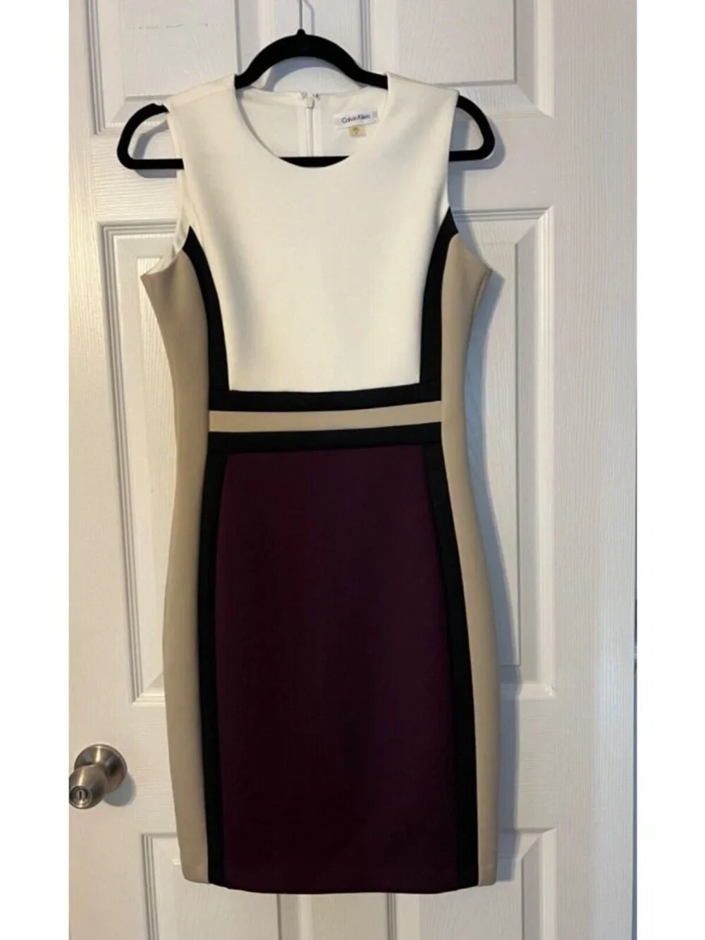Calvin Klein Dress 8 Black Tan Plum Ivory Stretch Scuba Career Church